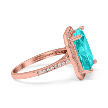Halo Emerald Cut Engagement Ring Rose Tone, Simulated Paraiba Tourmaline CZ 925 Sterling Silver